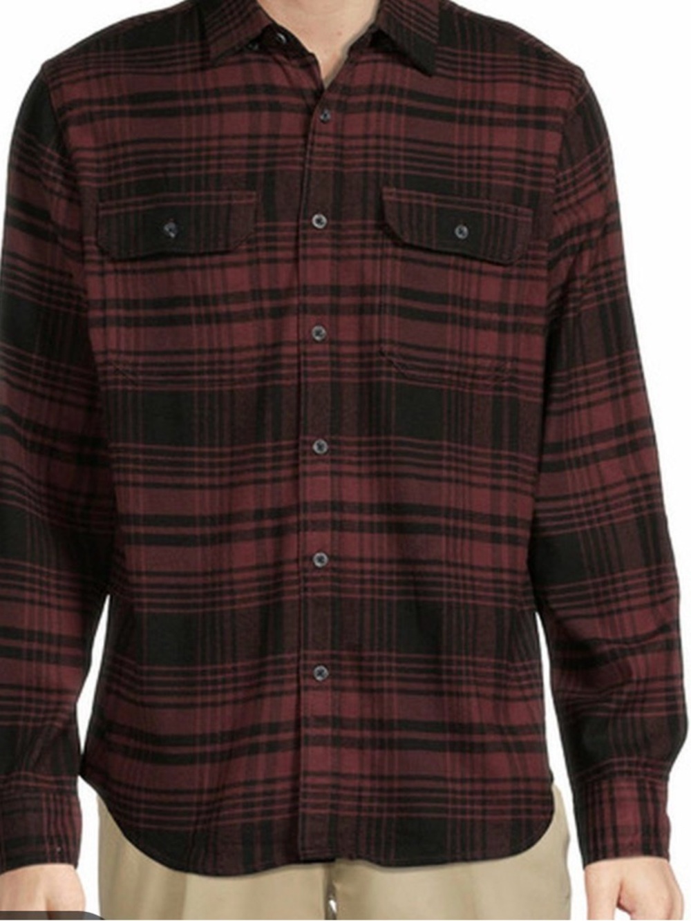 GEORGE size LARGE 42-44, Men's Burgundy and Black Plaid Button-Down Shirt